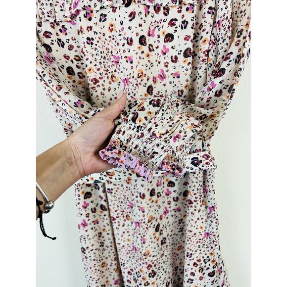 Hale Bob Boho Leopard Print S Belted Ruffle Mini Dress Collared Long Sleeve - Picture 10 of 11